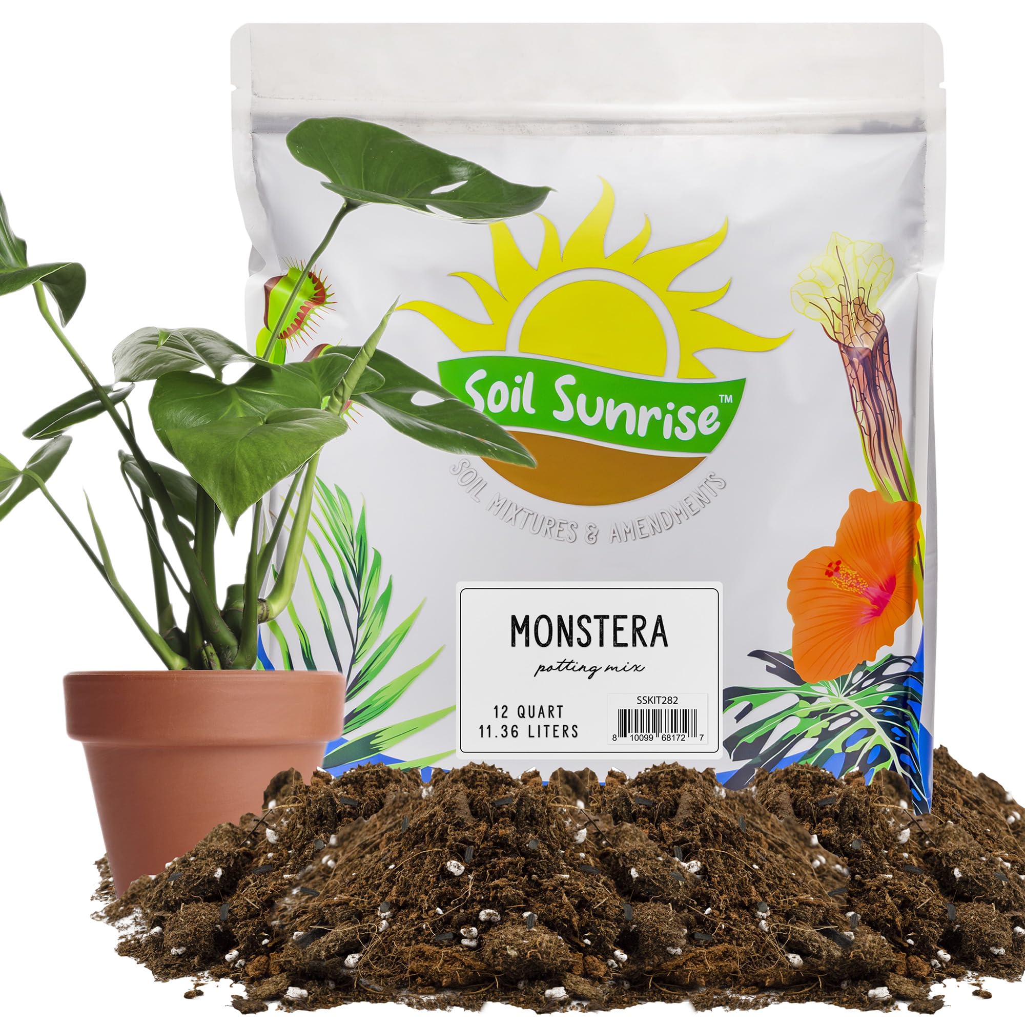 Soil Sunrise Monstera soil mix packaging highlights a premium tropical blend for ready-to-use planting.