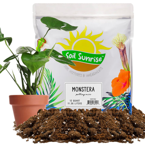 Soil Sunrise Monstera soil mix packaging highlights a premium tropical blend for ready-to-use planting.