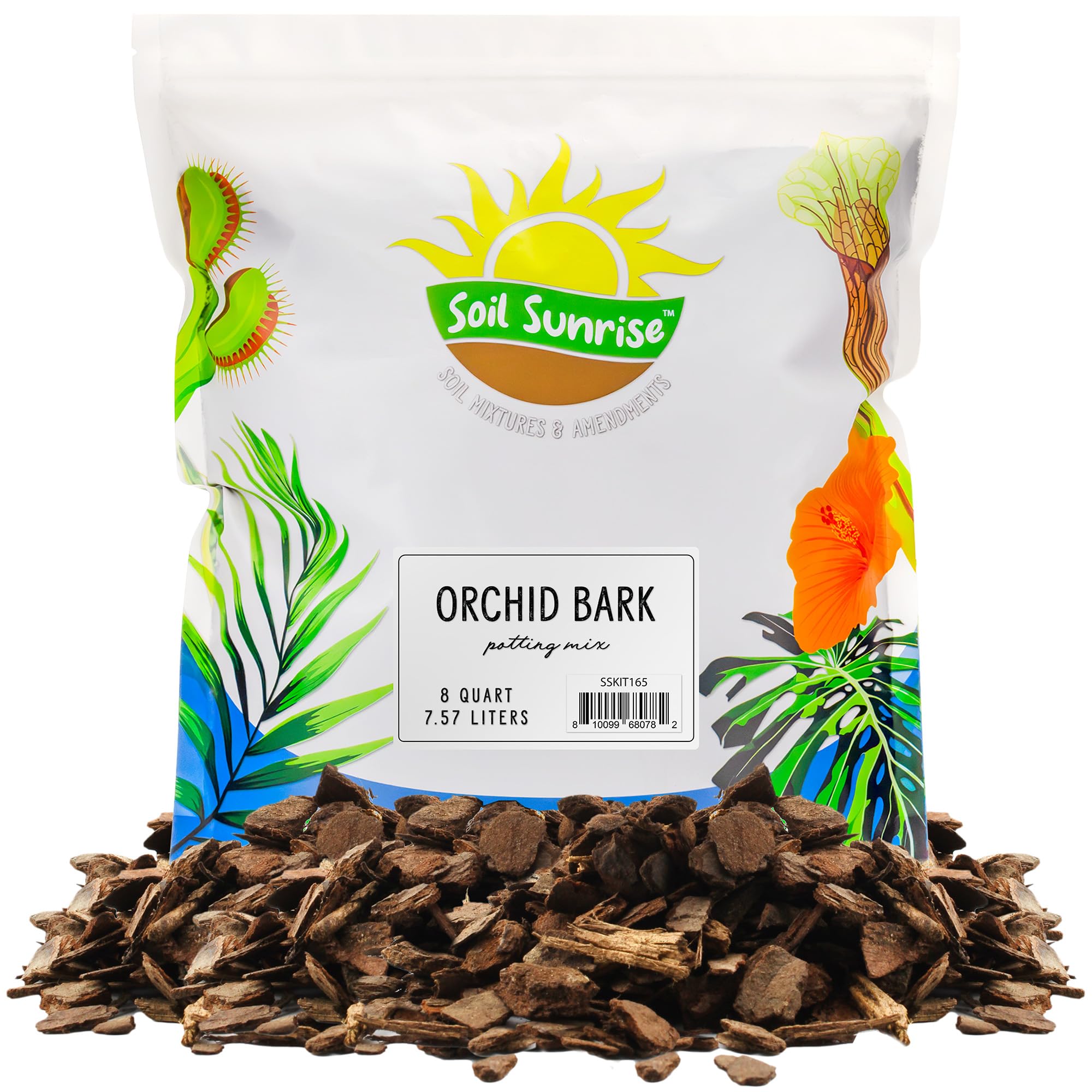 Soil Sunrise Organic Orchid Bark bag front view shows natural pine texture for drainage.