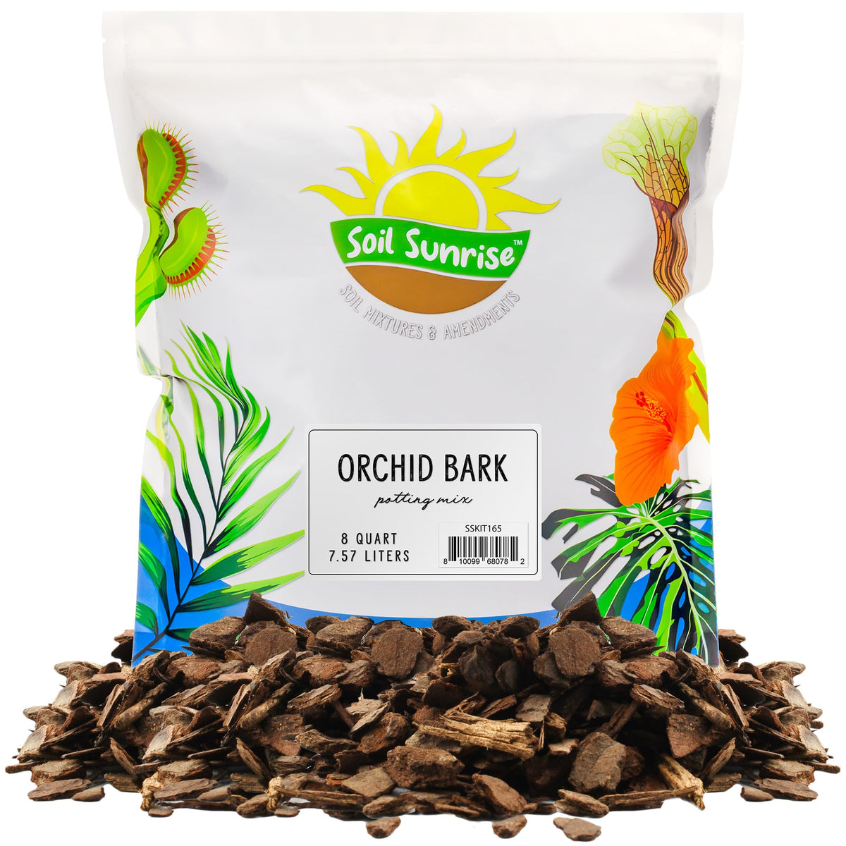Soil Sunrise Organic Orchid Bark bag front view shows natural pine texture for drainage.