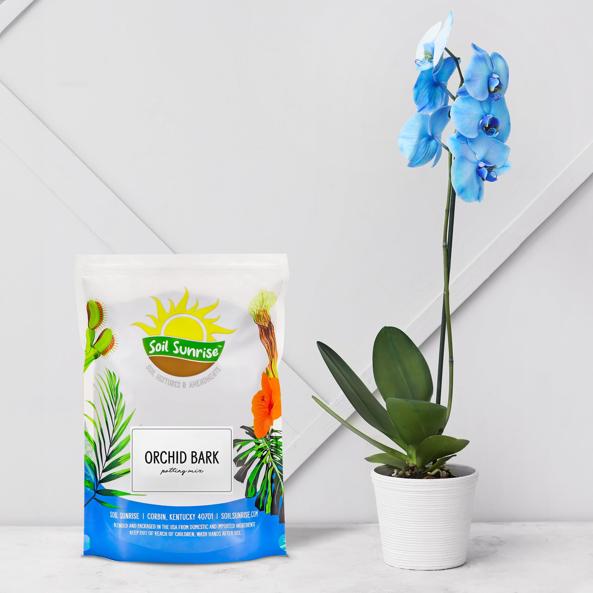 Soil Sunrise all-natural orchid mix bag highlighting premium pine-bark content