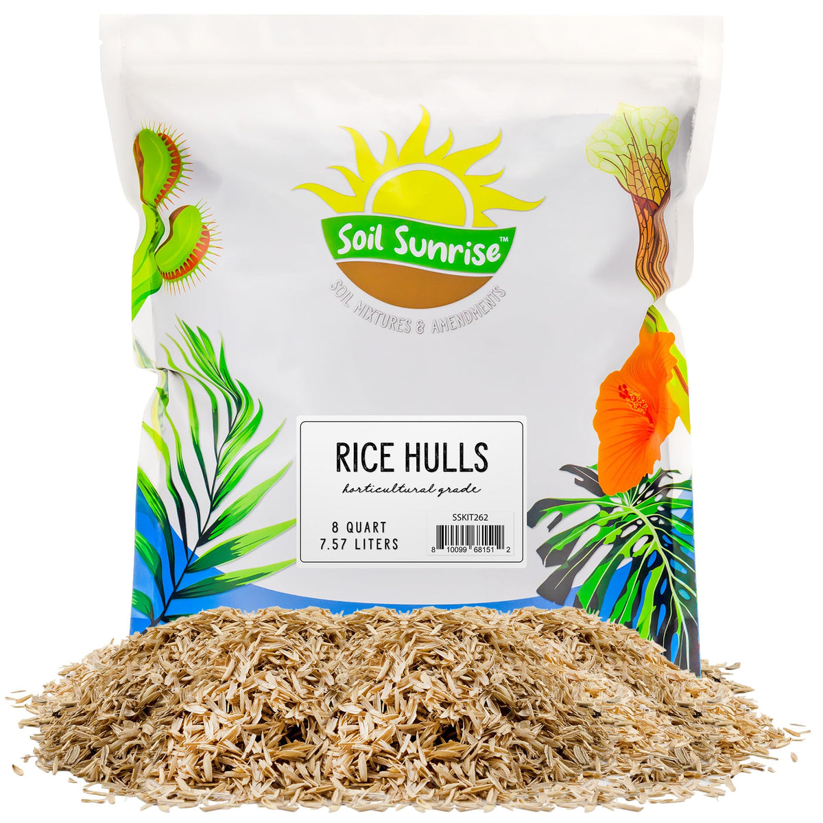 Soil Sunrise organic rice hulls 8 qt bag improves drainage and aeration.