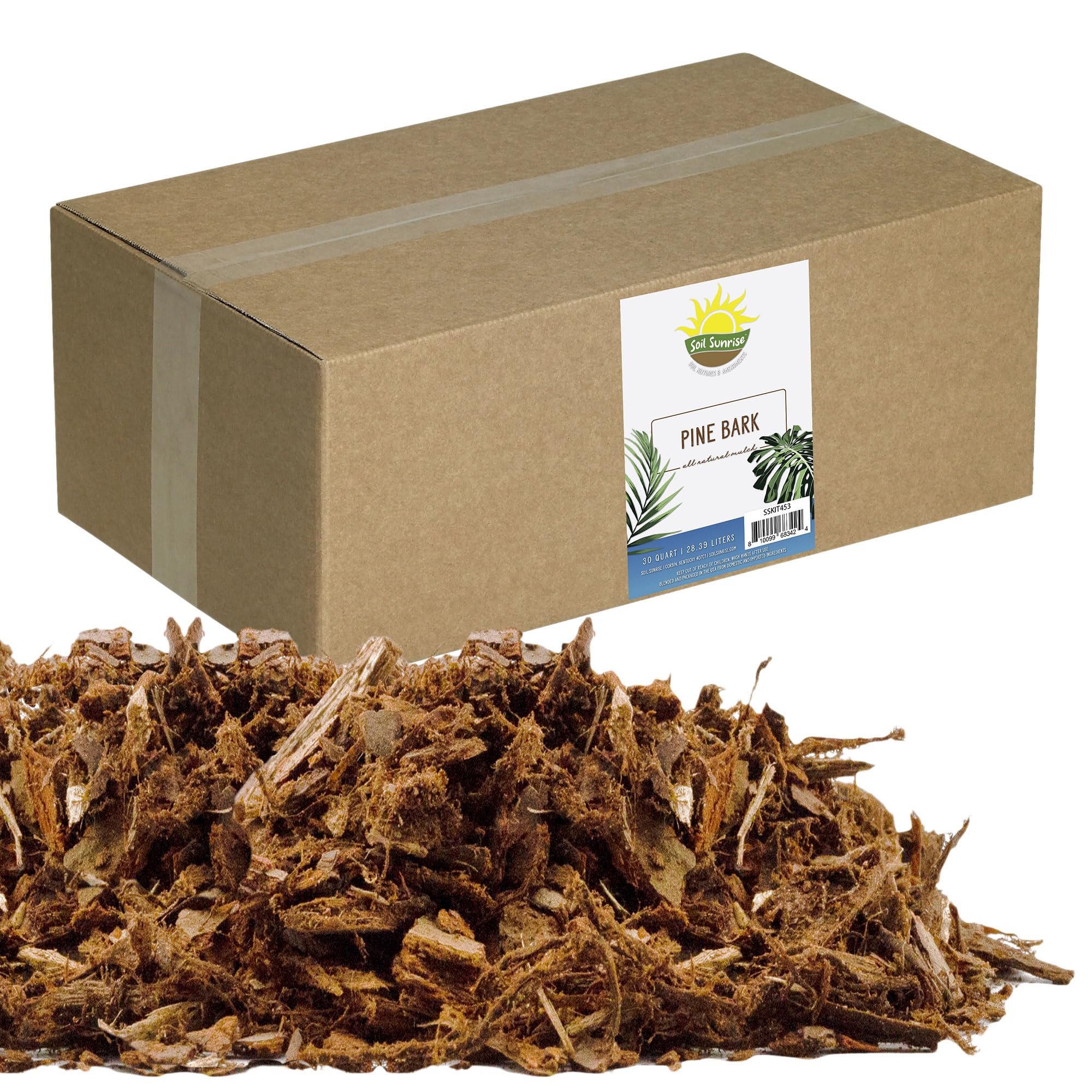 Soil Sunrise pine bark mulch nuggets in a 30-quart bag for natural soil drainage.