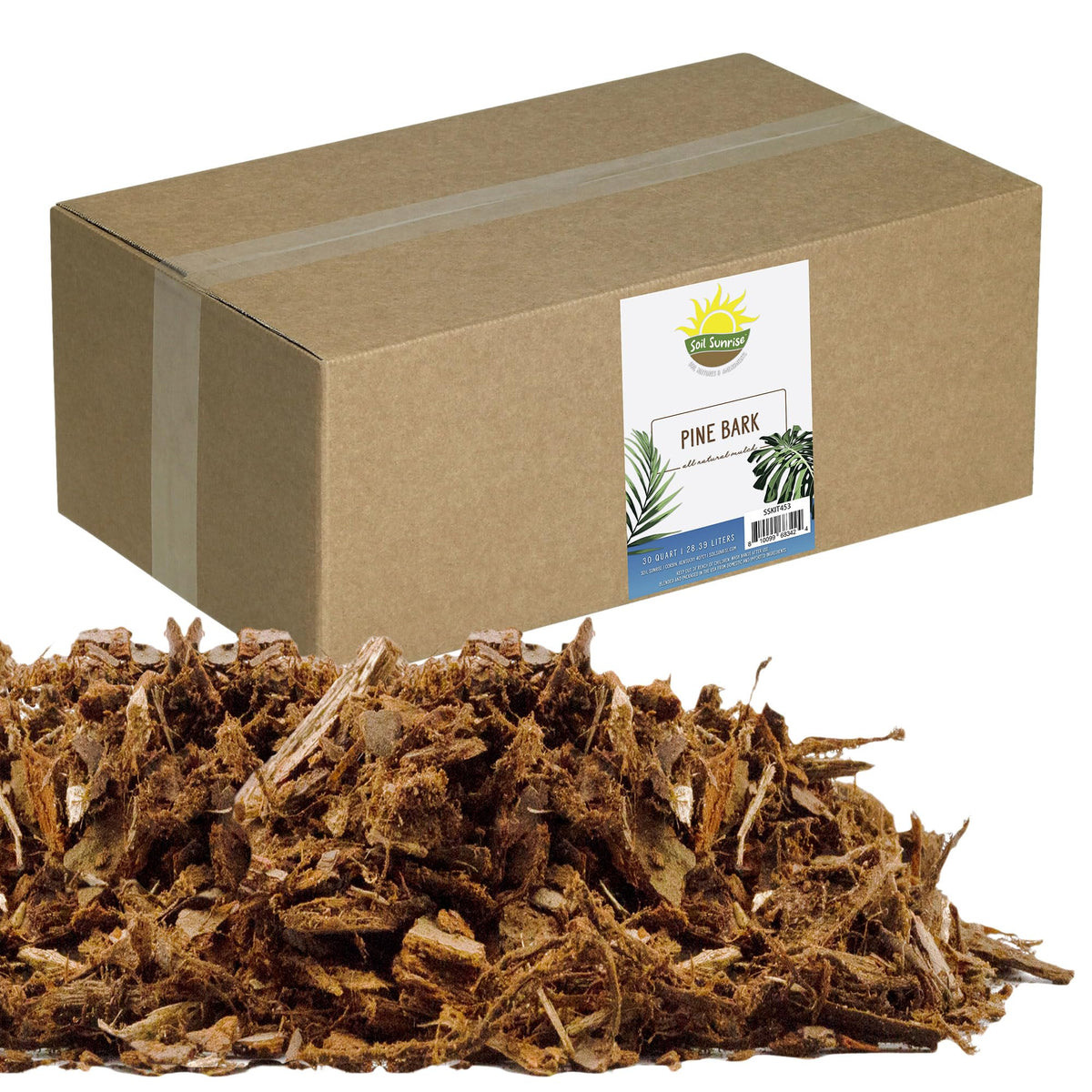 Soil Sunrise pine bark mulch nuggets in a 30-quart bag for natural soil drainage.