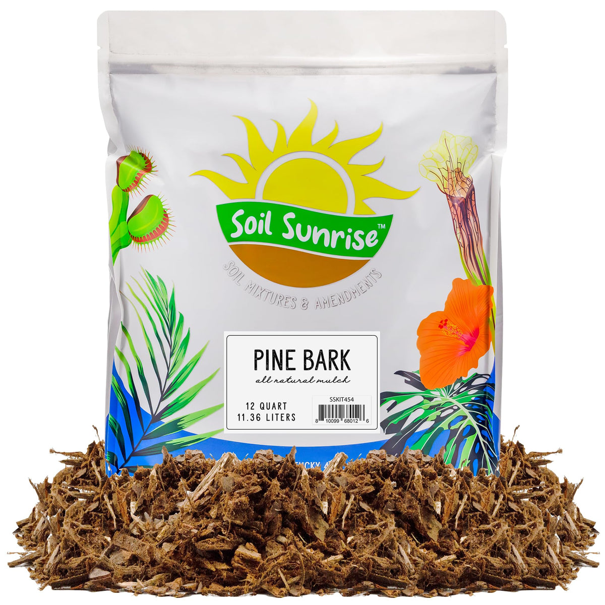 Soil Sunrise pine bark mulch nuggets label on packaging for easy identification.
