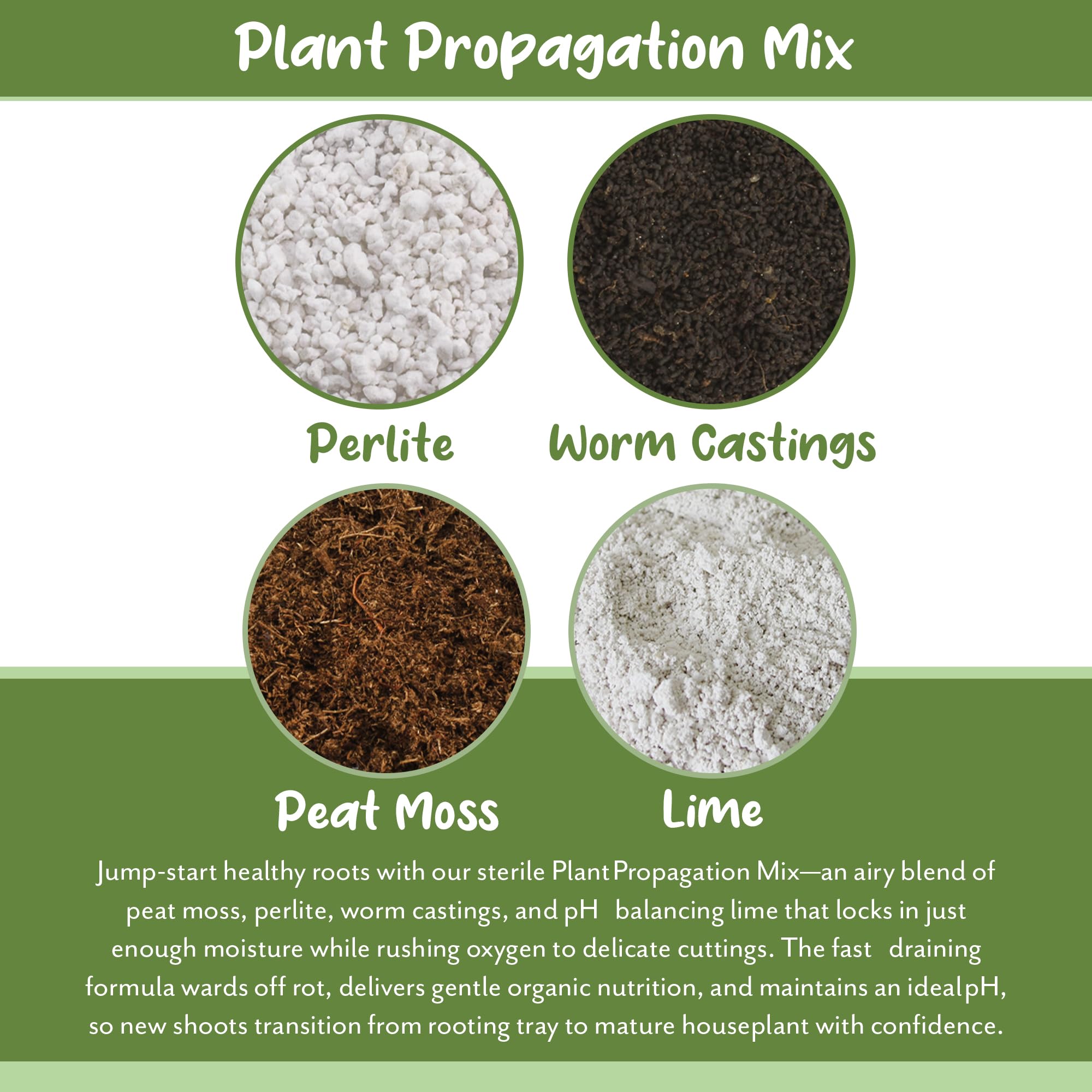 Soil Sunrise Propagation Mix in-use closeup showing lime and worm castings balance.