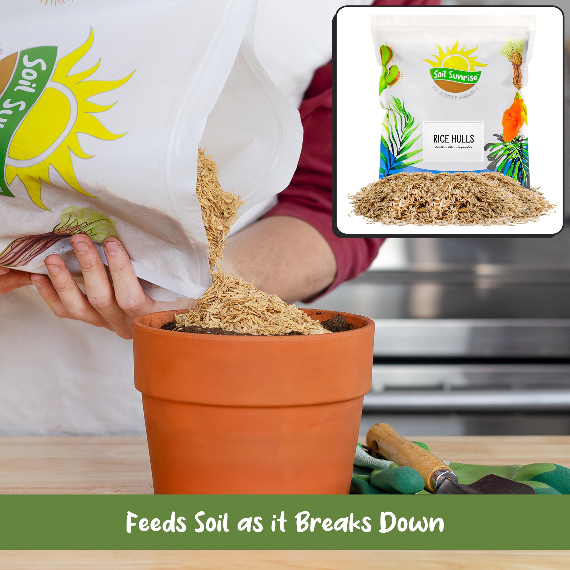 Soil Sunrise rice hulls 8 qt top dressing for potted plants improves drainage.