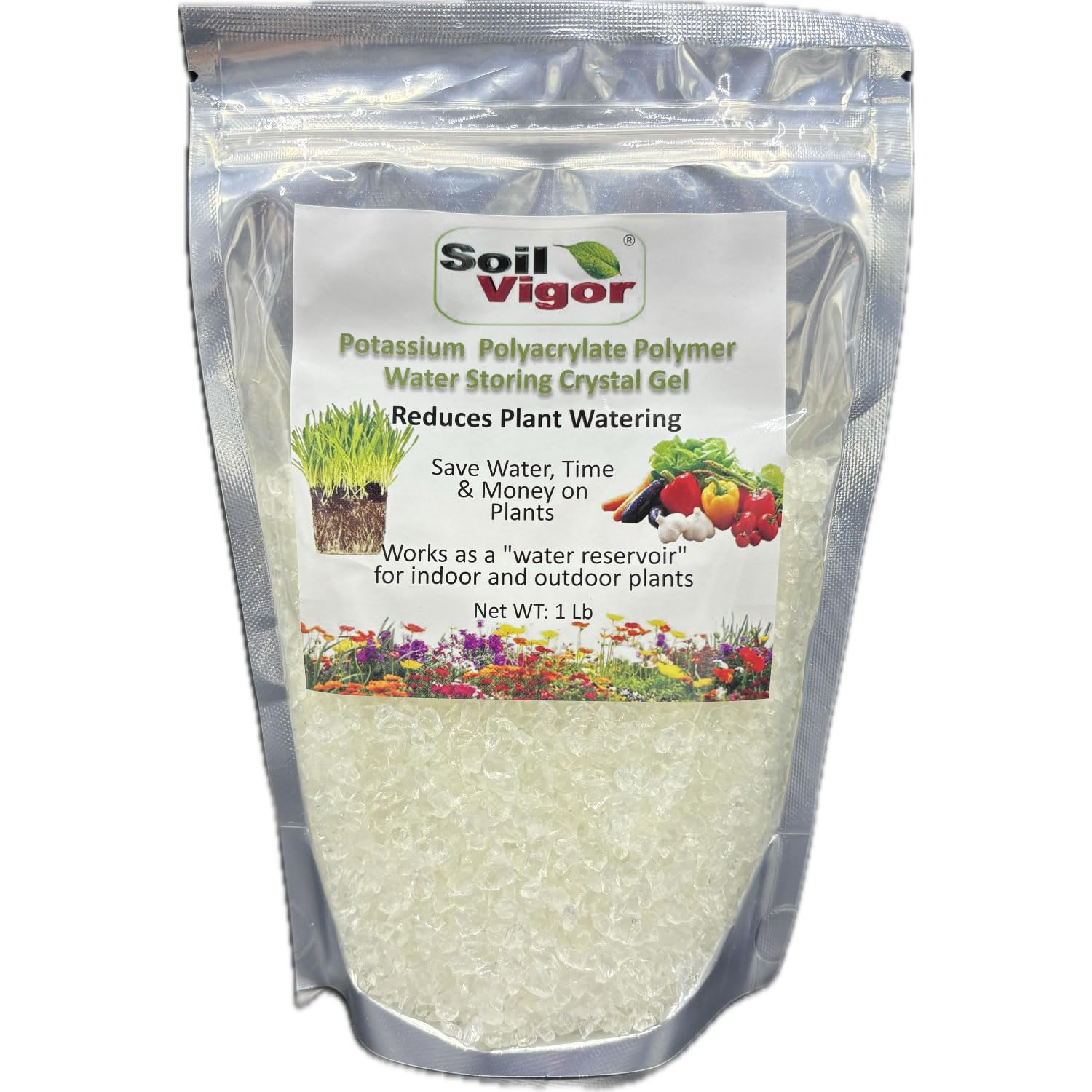 Soil Vigor 1 lb jar of potassium-based water crystals ready to use for gardens.