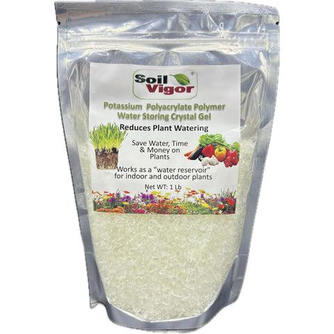 Soil Vigor 1 lb jar of potassium-based water crystals ready to use for gardens.