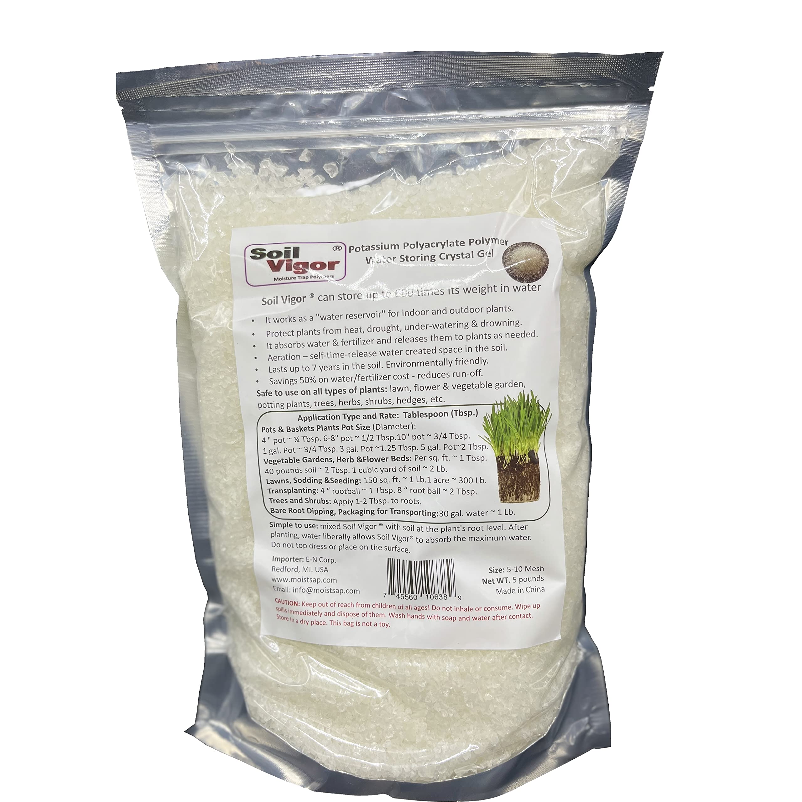 Soil Vigor commercial-grade water crystal bag for steady garden hydration.
