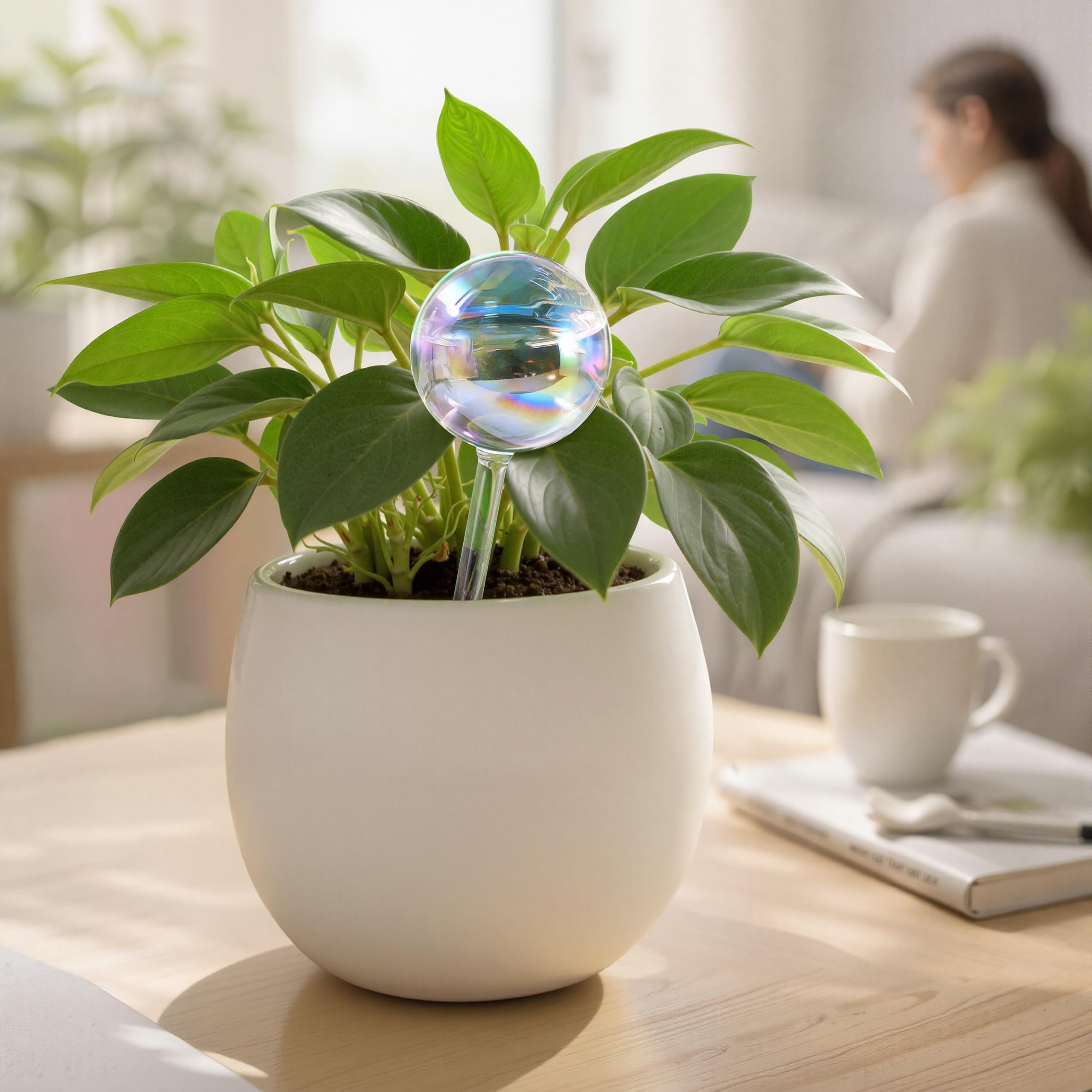 Soilagua clear glass watering globe delivers automatic hydration to roots.