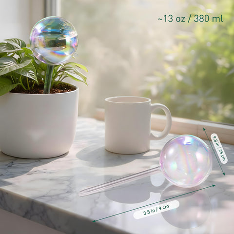 Soilagua large extra-thick glass globe with rainbow gradient in a planter