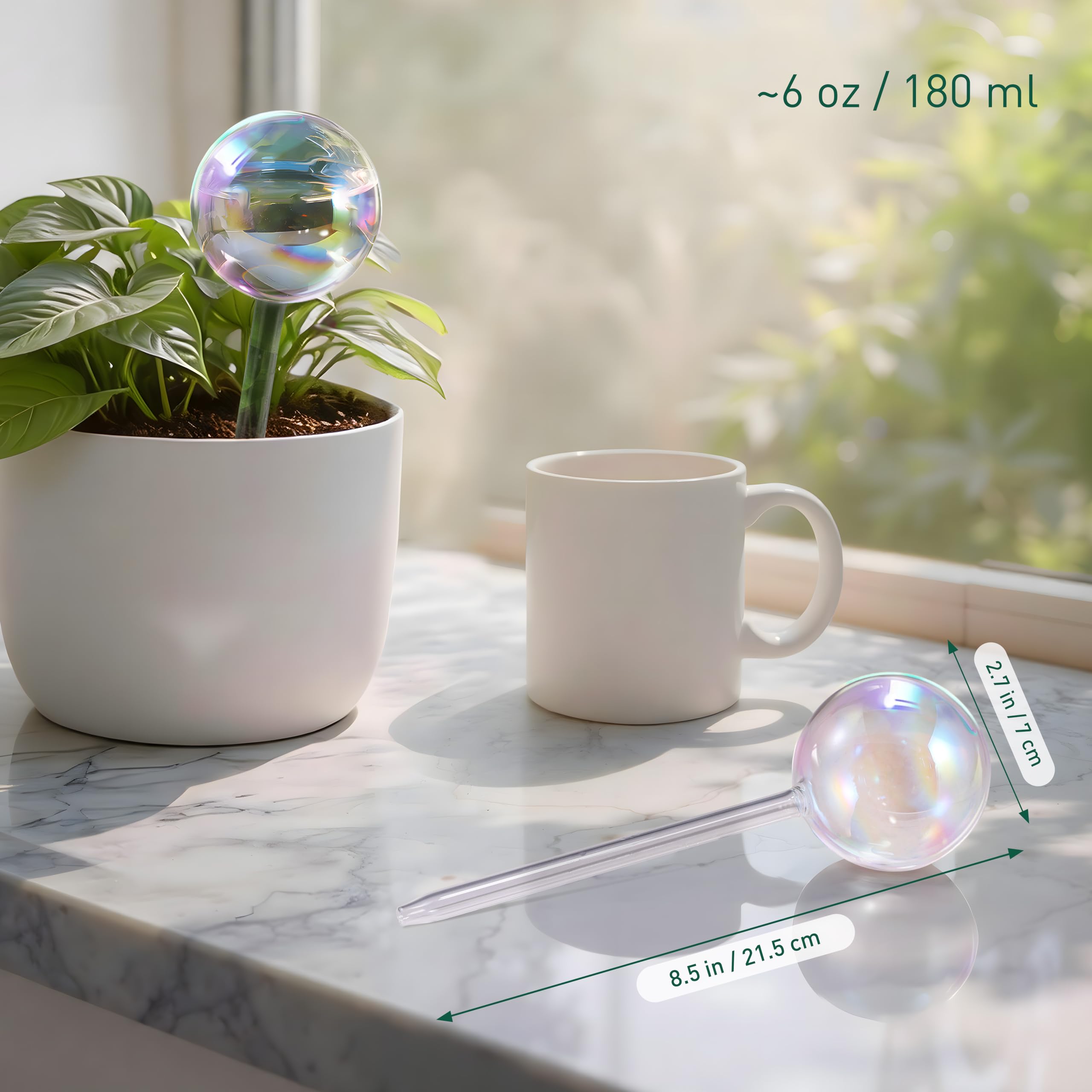 Soilagua self-watering globe in rainbow finish promotes healthy, vibrant foliage.