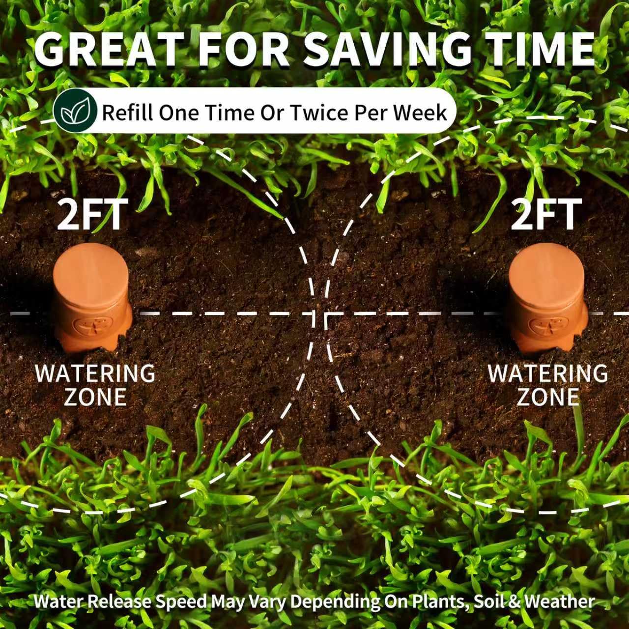 Soilagua watering globe shows hands-free hydration for indoor and outdoor plants.