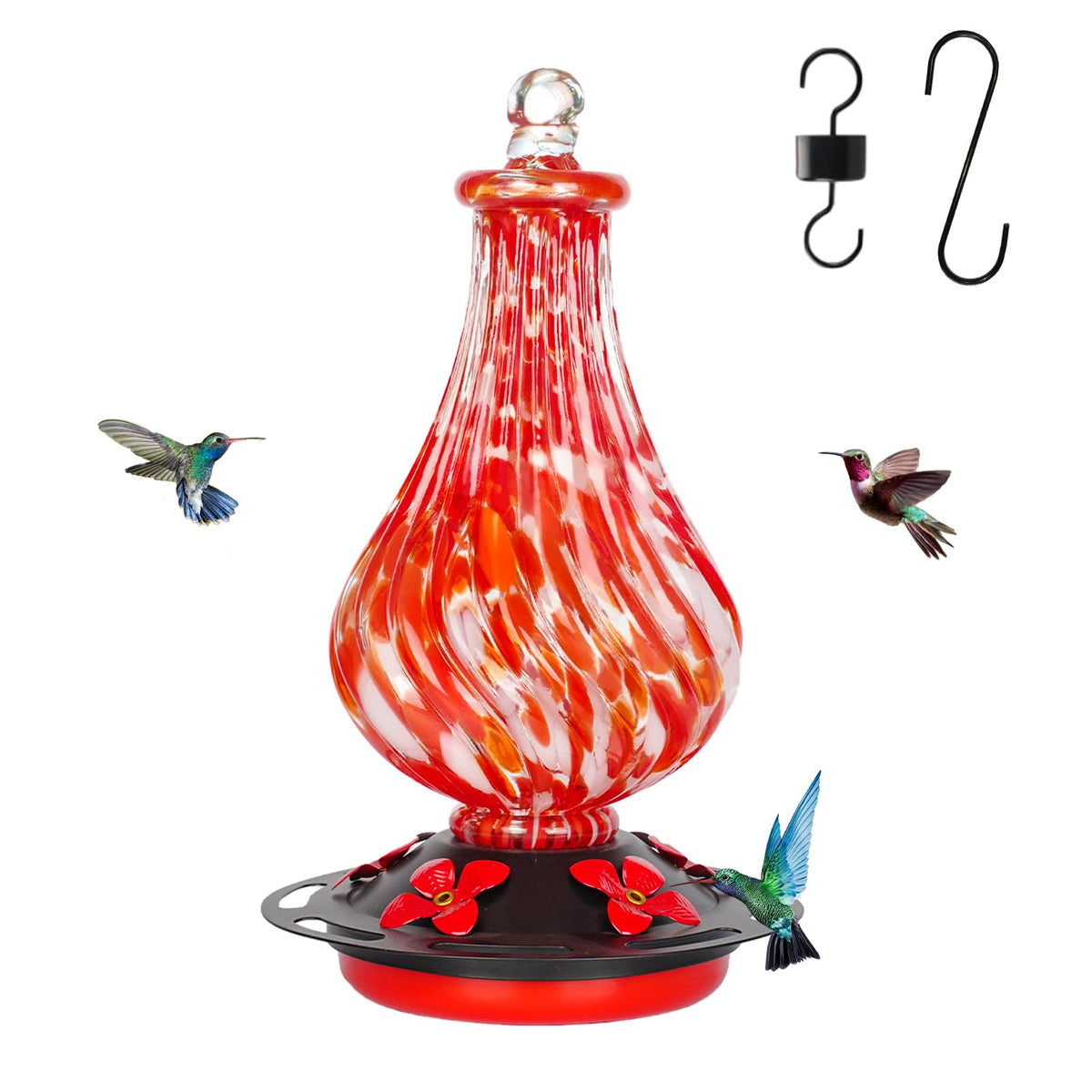 SOILGROVE glass hummingbird feeder 24oz red, side view, attracts hummingbirds.