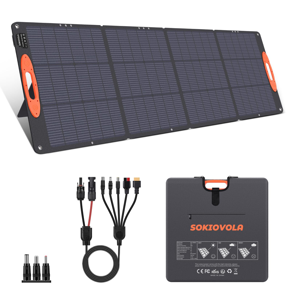 SOKIOVOLA 200W foldable panel closed for off-grid adventures with reliable power.