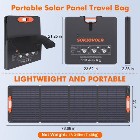 SOKIOVOLA 200W foldable panel open during travel for camping energy.