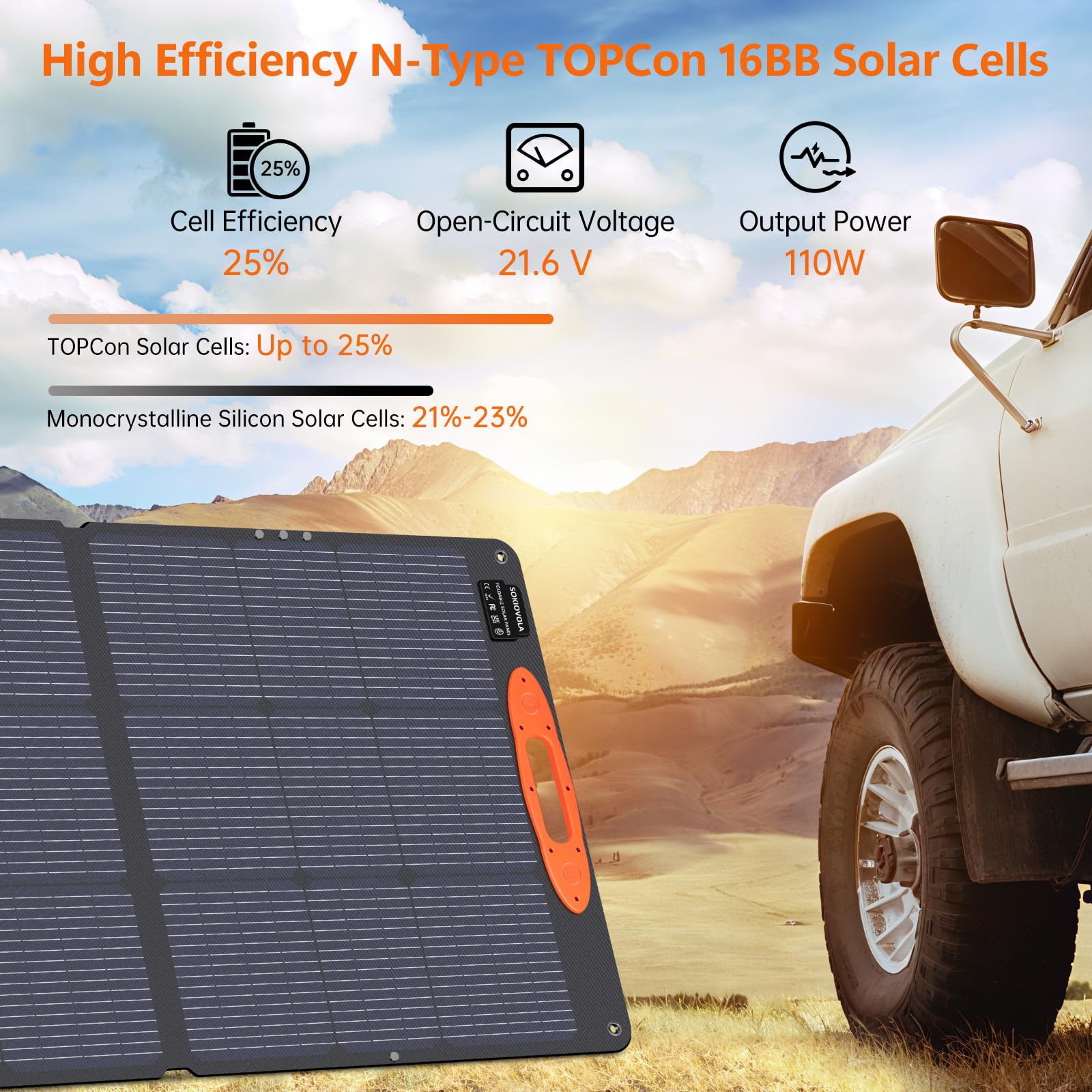 SOKIOVOLA N-Type 110W waterproof materials endure rain and dust outdoors