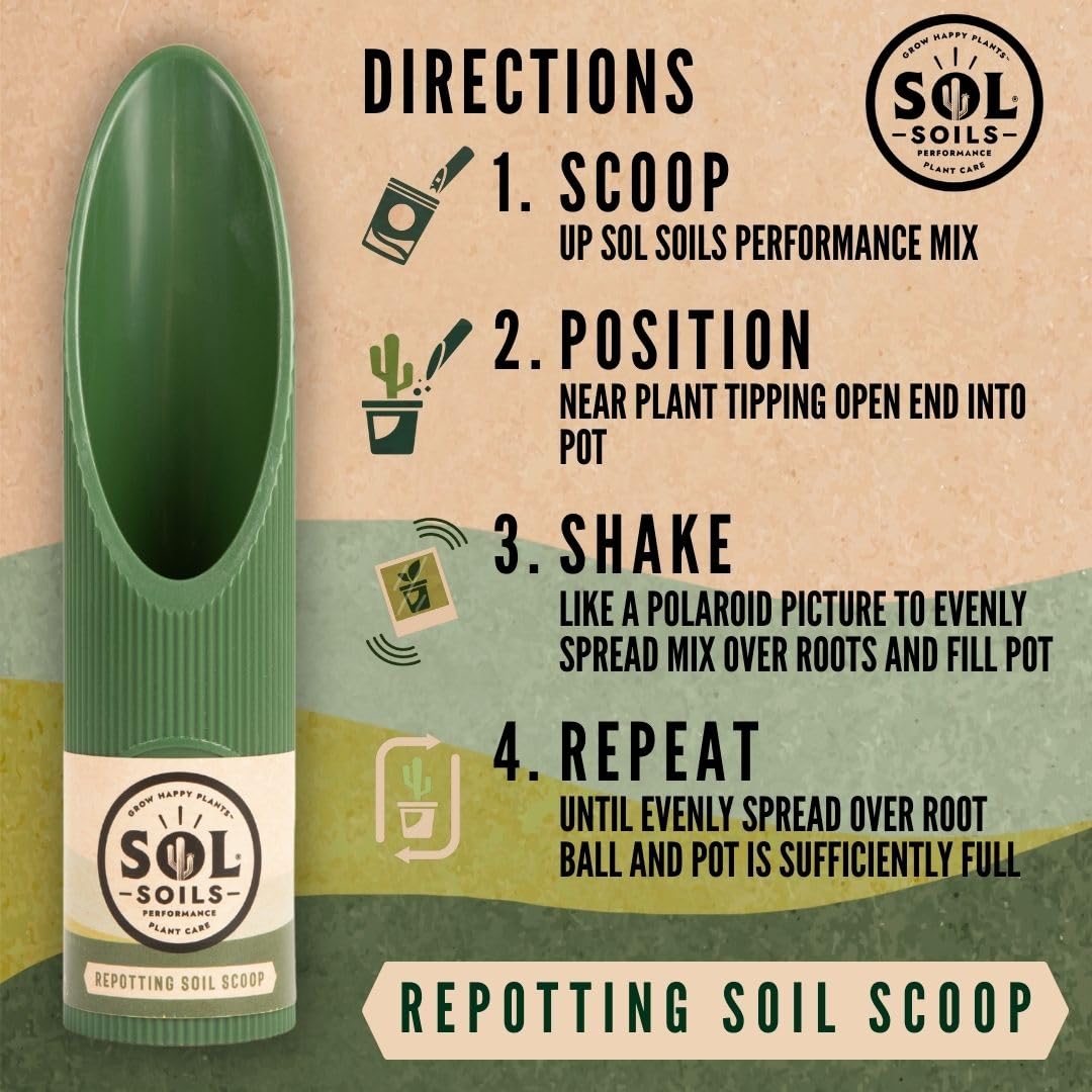 Sol Soils Granola Guy's scoop aids potting, funneling soil neatly around rims.
