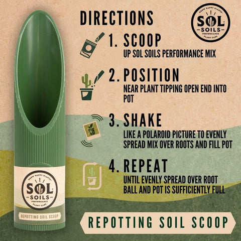 Sol Soils Granola Guy's scoop aids potting, funneling soil neatly around rims.