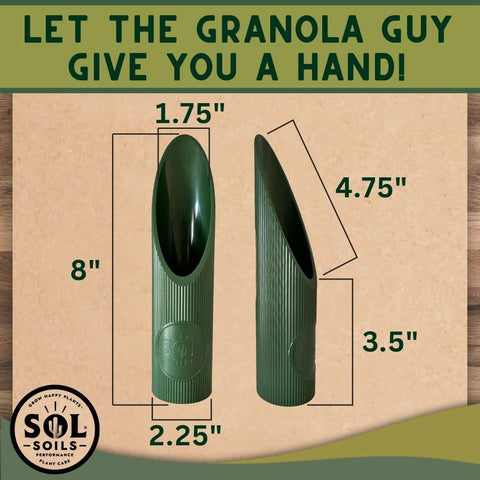 Sol Soils Granola Guy's scoop is durable plastic, ready for repeated gardening tasks.