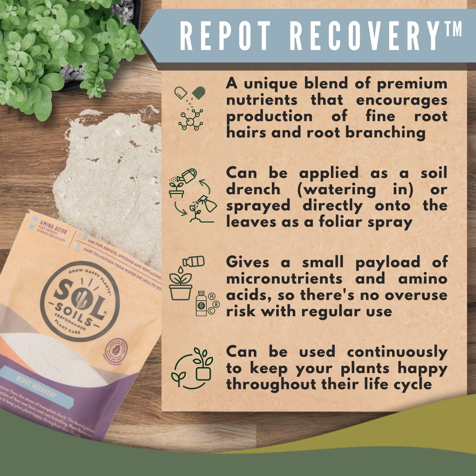 Sol Soils Sol Biotics Repot Recovery measuring spoon with product.