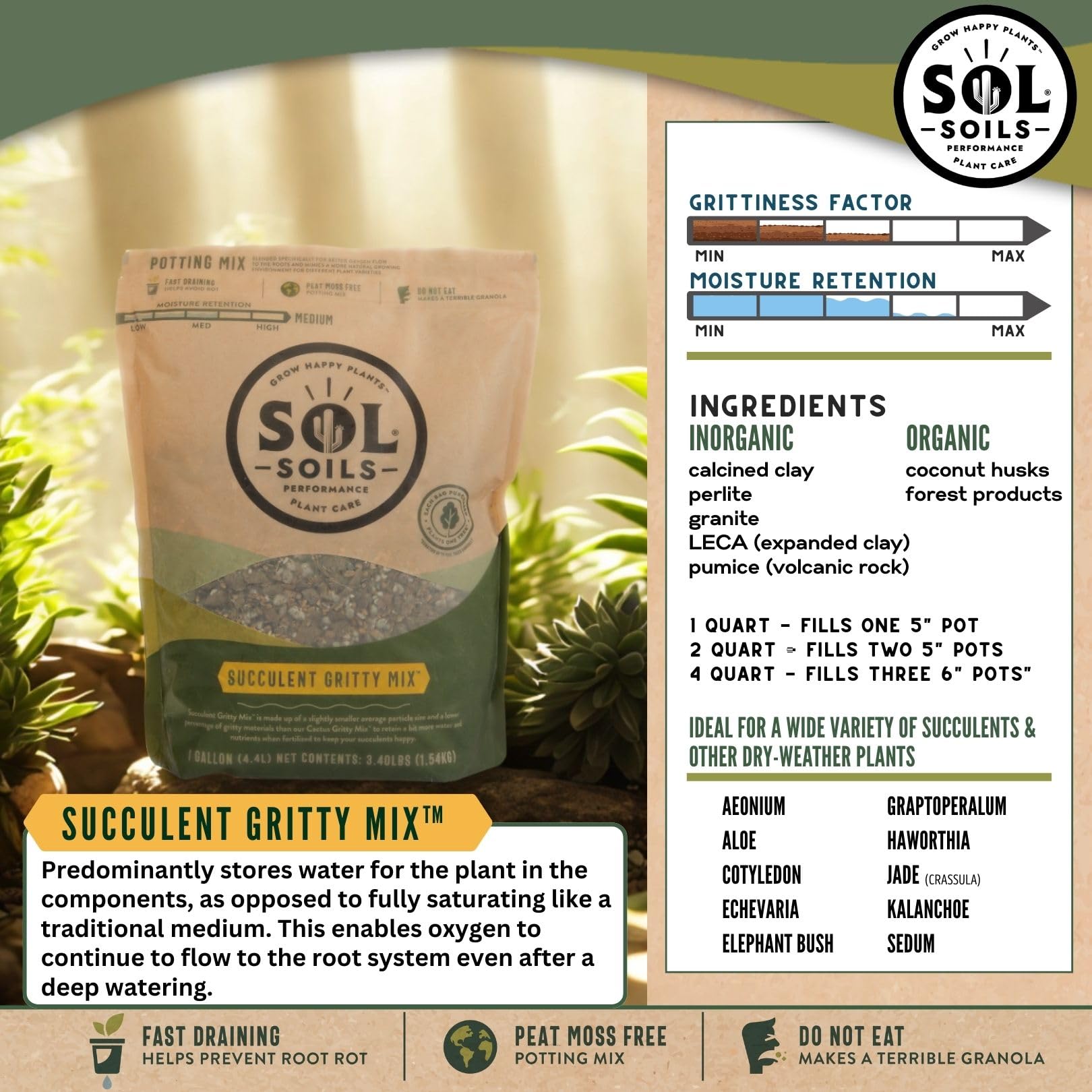 Sol Soils Succulent Gritty Mix shows LECA and pine bark components promoting structure