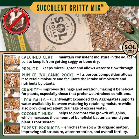 Sol Soils Succulent Gritty Mix with coco chips enhances moisture balance for dry plants