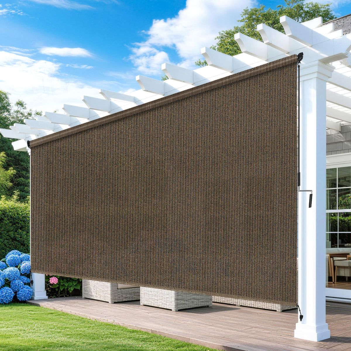 Solace Shade outdoor roller shade in mocha blocks 90% UV rays for patio comfort.