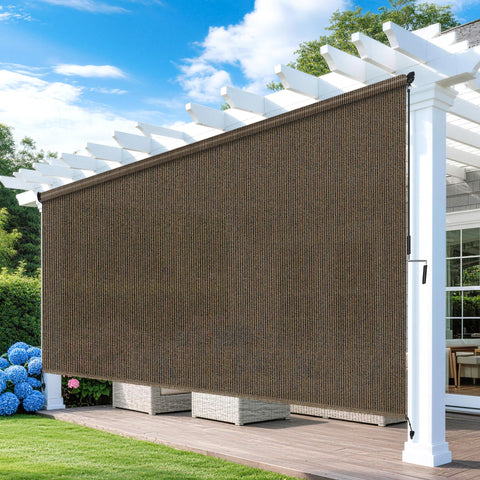 Solace Shade outdoor roller shade in mocha blocks 90% UV rays for patio comfort.