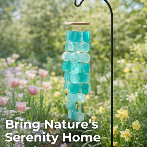 Solange & Frances 26-inch wind chime with natural wood top close-up