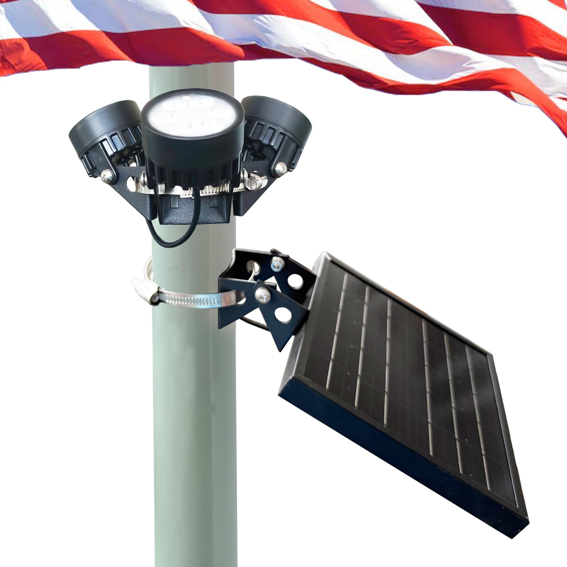 Solar Light Mart M120X three-head flag pole light enhances nighttime flag visibility