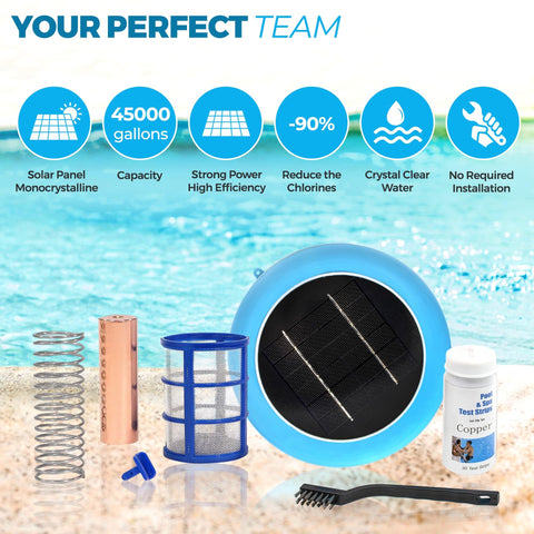 Solar Pool Ionizer solar panel detail highlights sun-powered operation.
