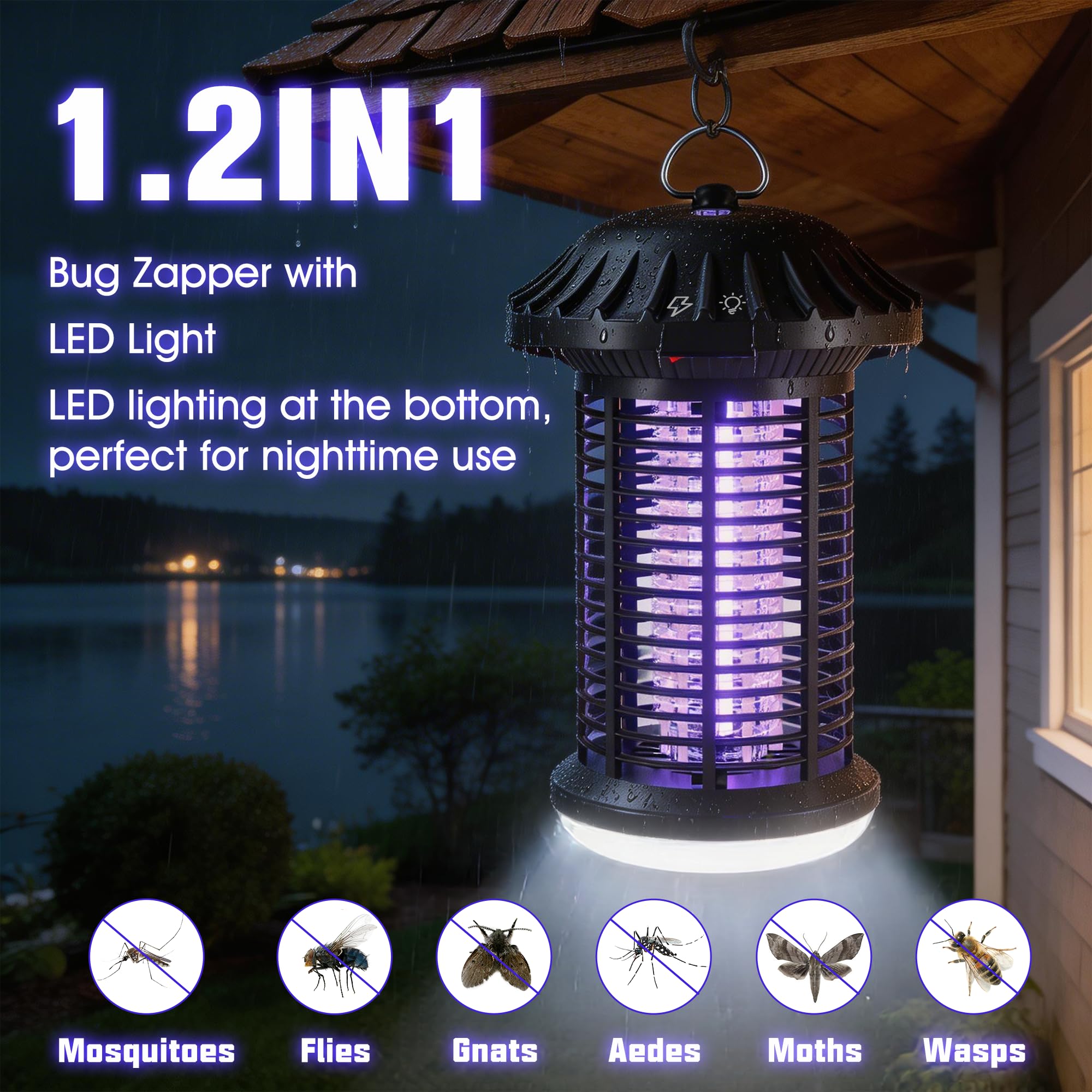 Solarush bug zapper with LED light on provides ambient nighttime illumination