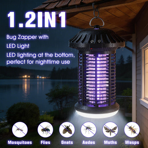 Solarush bug zapper with LED light on provides ambient nighttime illumination