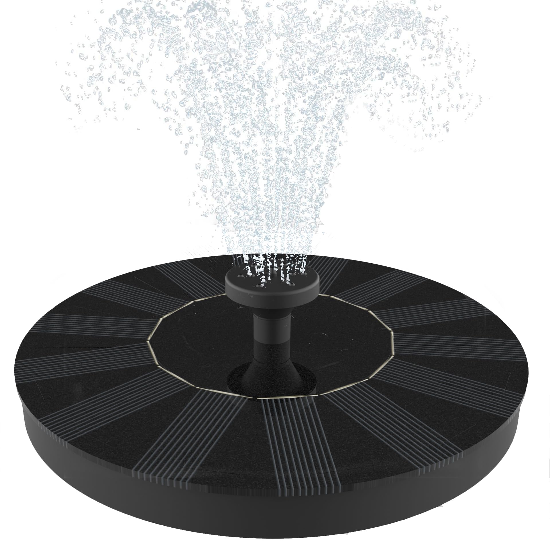 Solatec solar fountain pump on water surface adds gentle movement to ponds and bird baths.