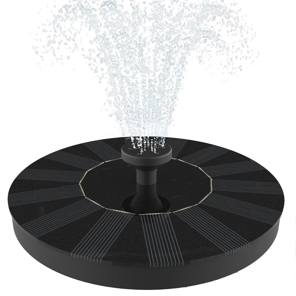 Solatec solar fountain pump on water surface adds gentle movement to ponds and bird baths.