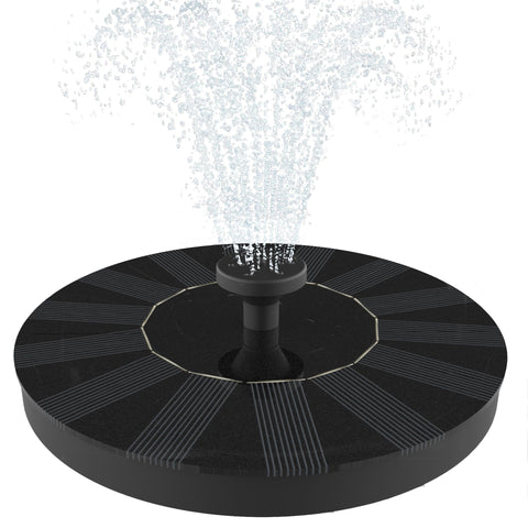 Solatec solar fountain pump on water surface adds gentle movement to ponds and bird baths.