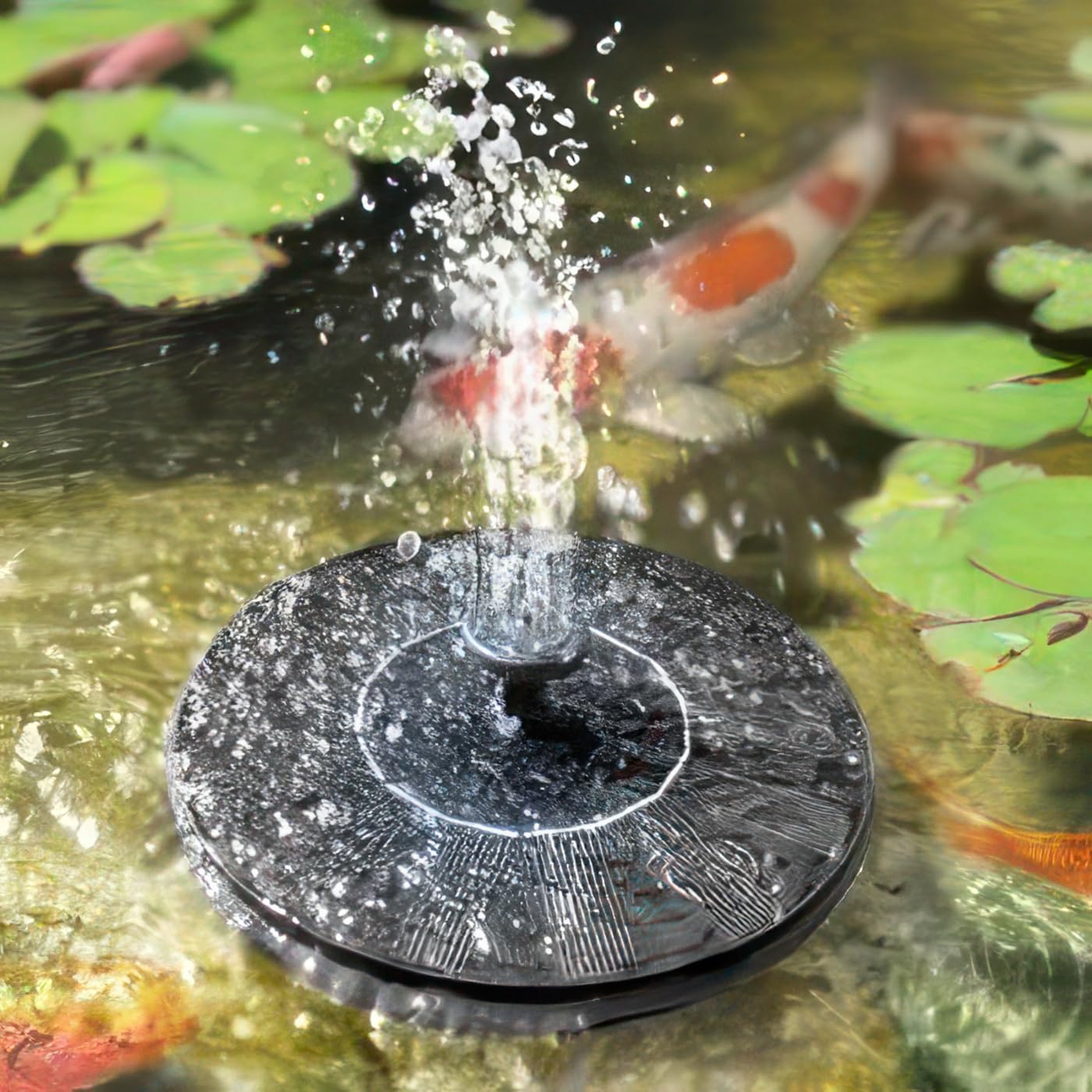 Compact garden feature for patios and ponds powered by sunlight.