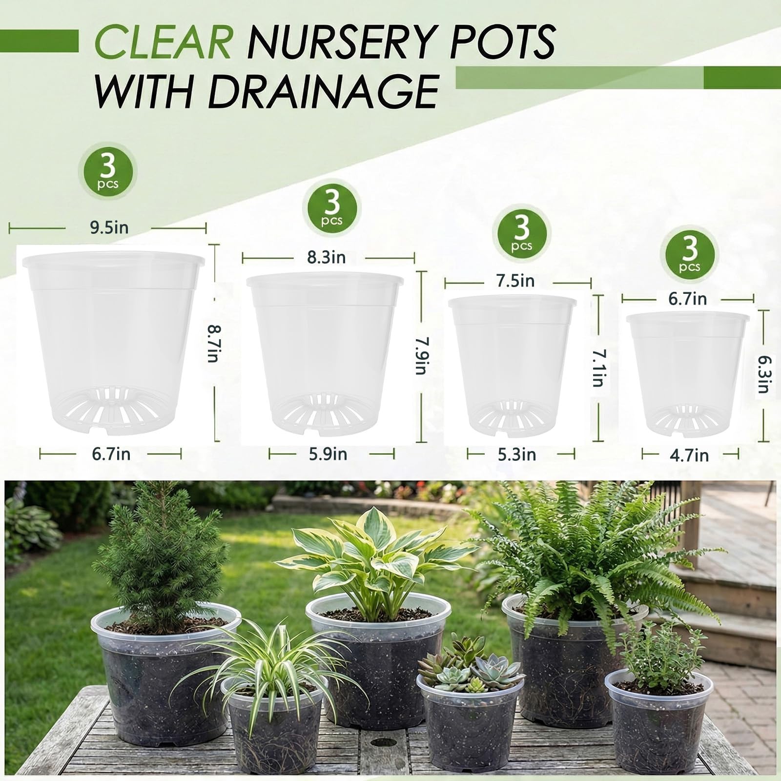 Solavelle clear nursery pot 10 inch with drainage holes for moisture control