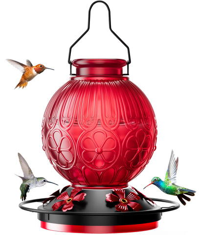 Solawngarden 26oz hummingbird feeder with glass bottle attracts birds outdoors.