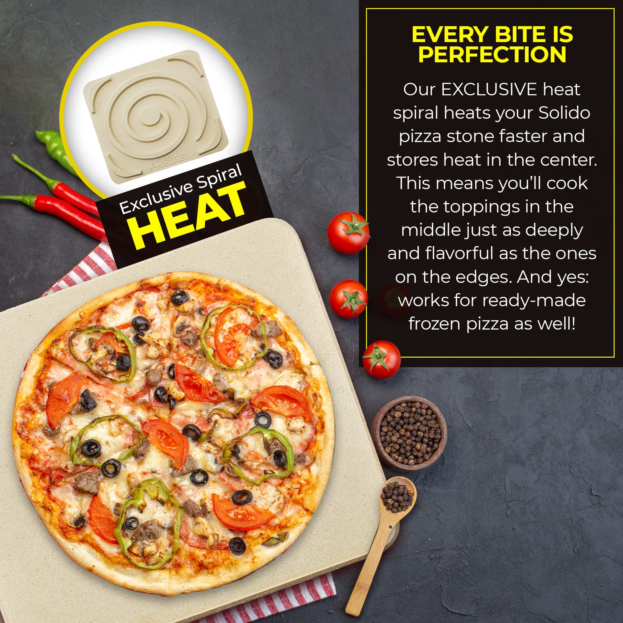 Solido pizza stone on rack, suitable for oven, grill, and BBQ.