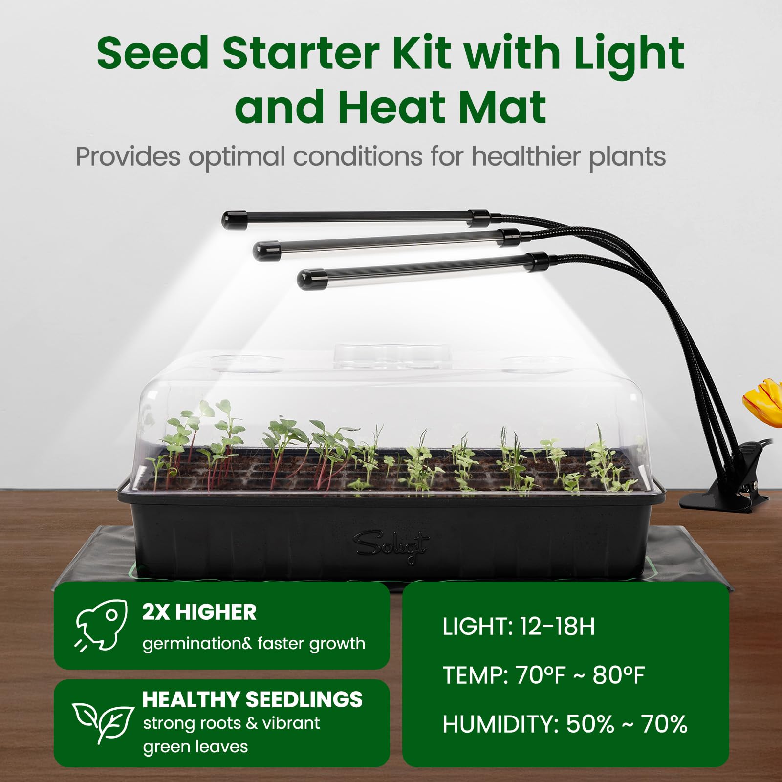 SOLIGT waterproof heat mat provides consistent warmth for faster seed germination.