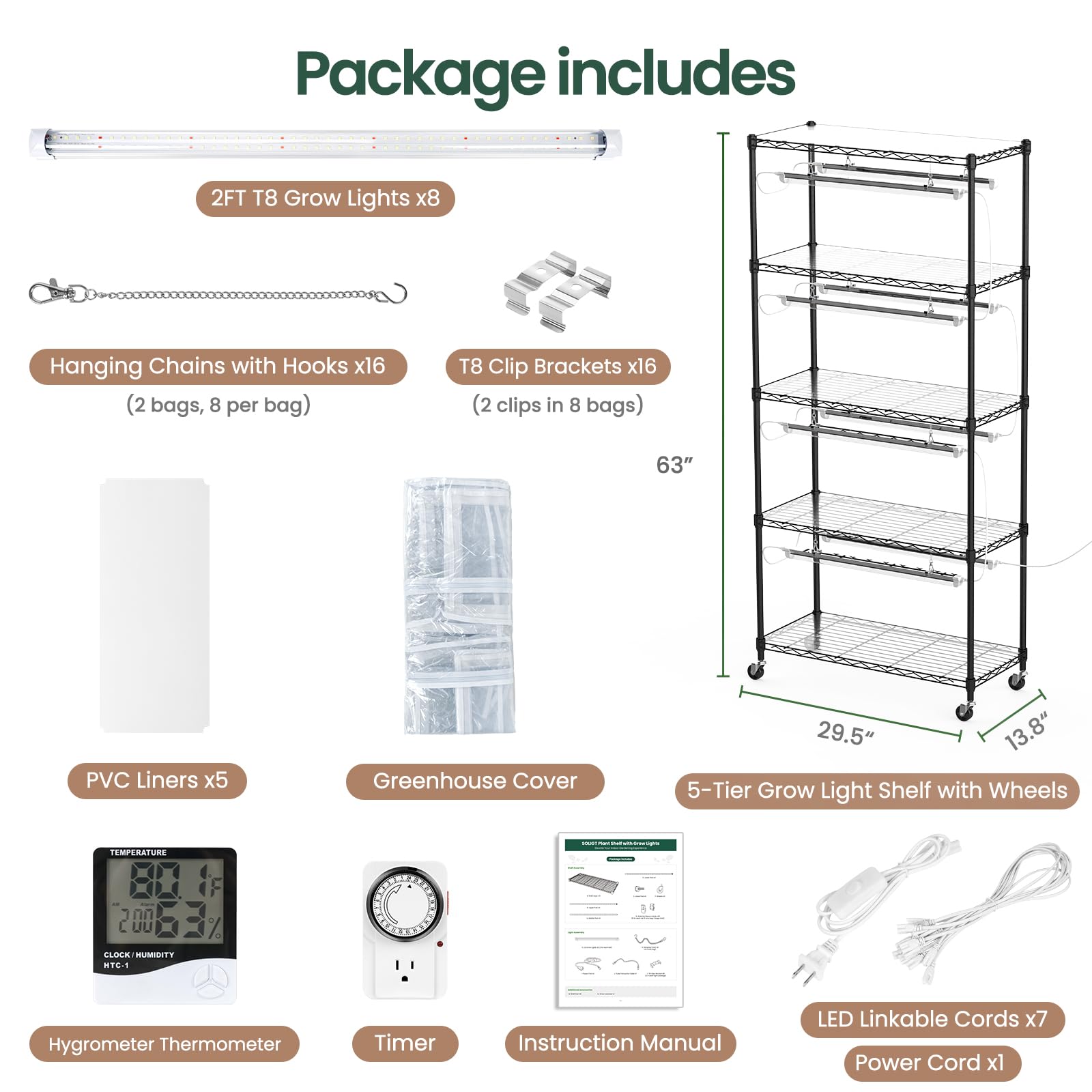 SOLIGT grow lights setup with 8x 2ft full-spectrum tubes boosting seedlings