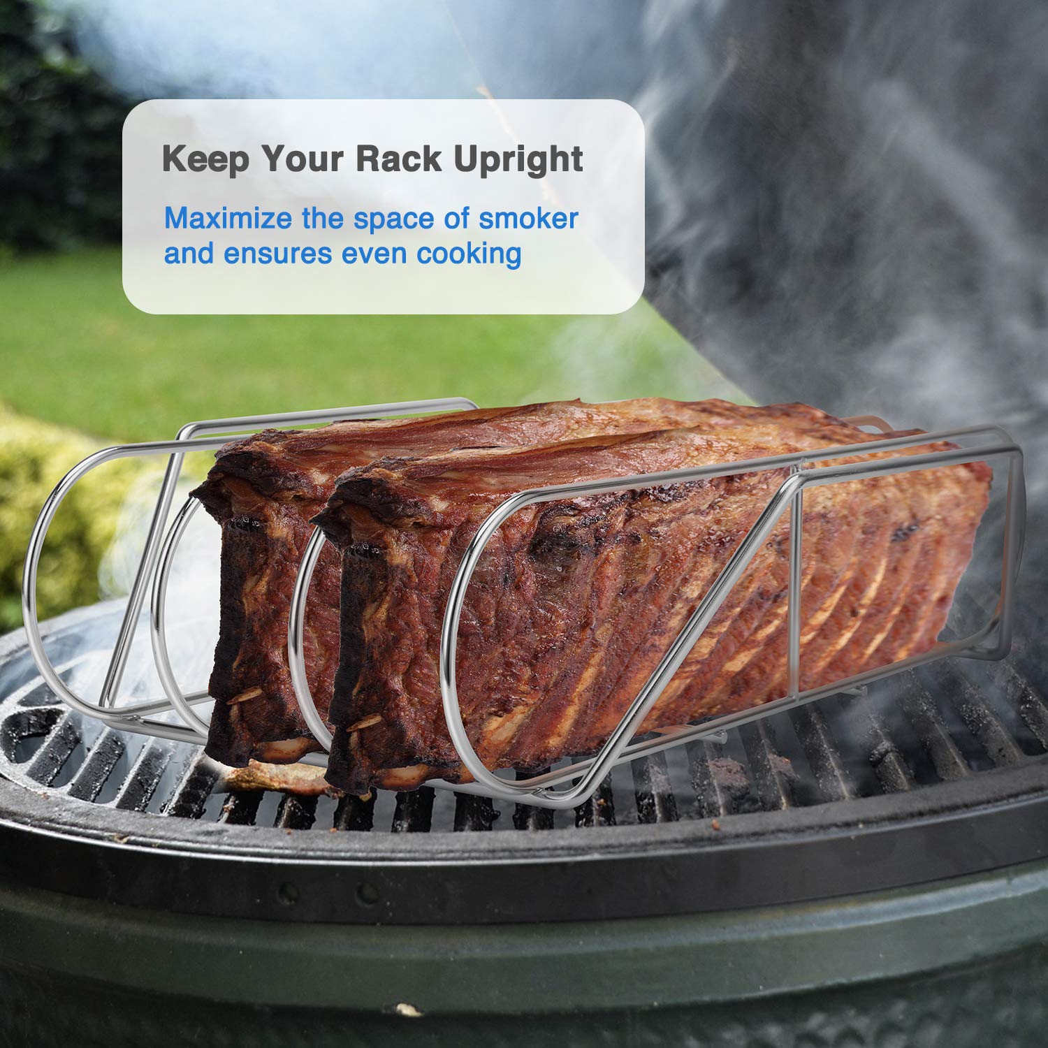 SOLIGT rib rack on Kamado or charcoal grill for versatility.