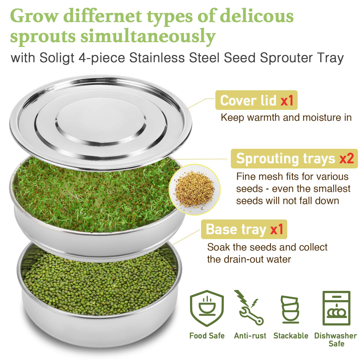SOLIGT Stackable Sprouting Tray 2 supports multiple seeds for sprouting.