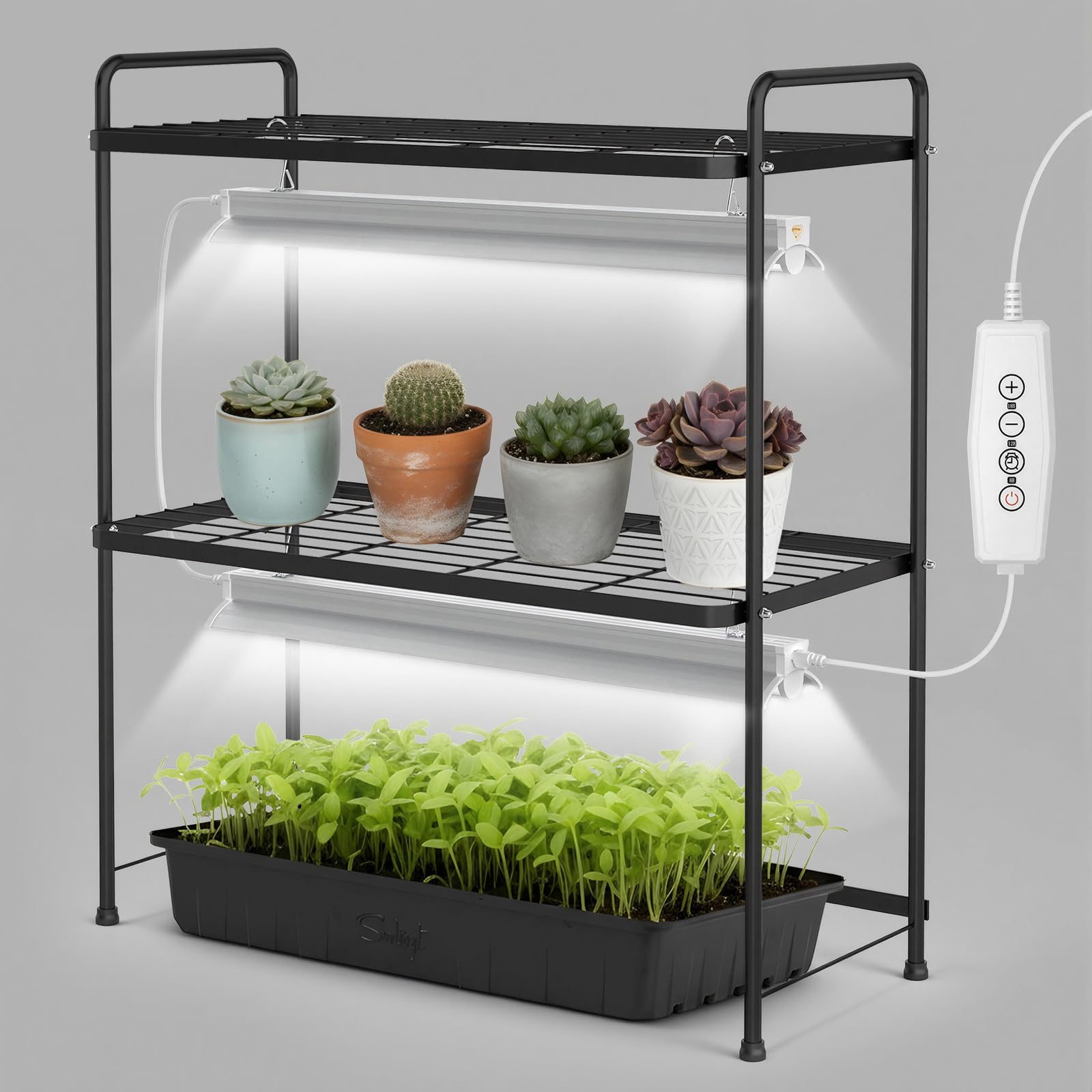 SOLIGT table-top 2-tier plant stand with grow lights for compact desk setups.
