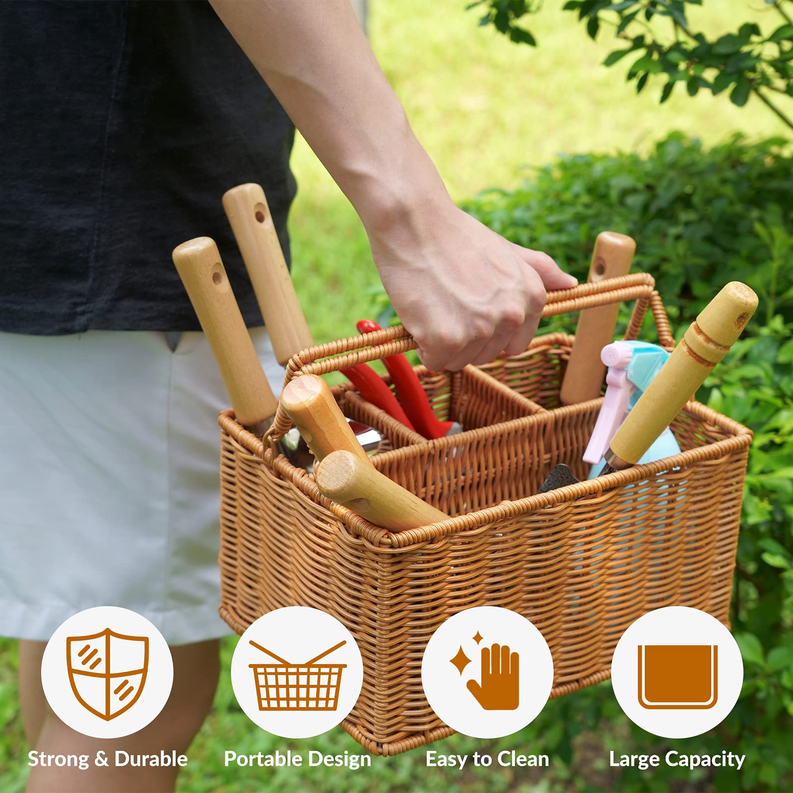 SOLIGT wooden-handle garden tools provide ergonomic grip during extended gardening sessions.