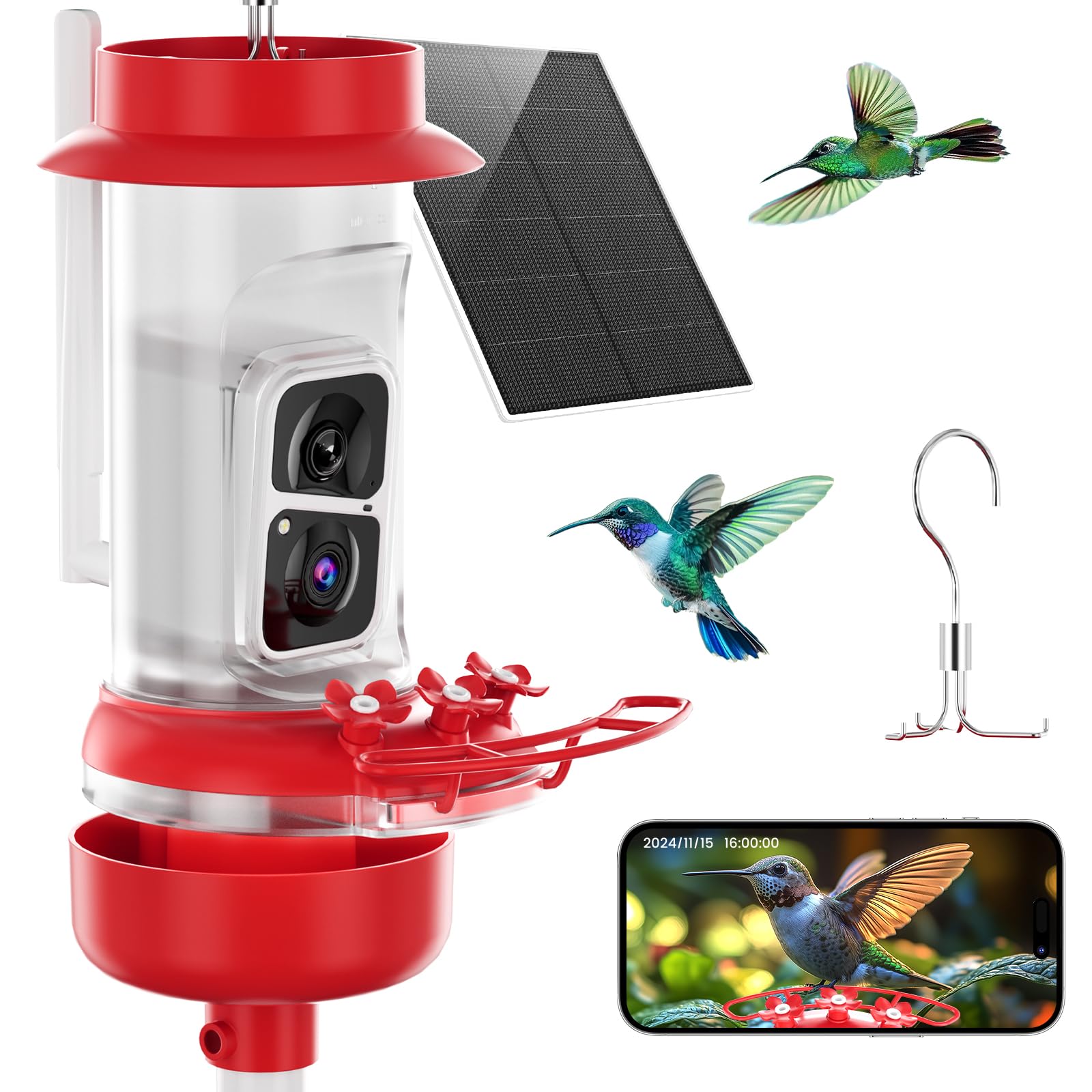 SOLIOM Hummingbird Feeder camera with 2K live view reveals vibrant birds in detail.