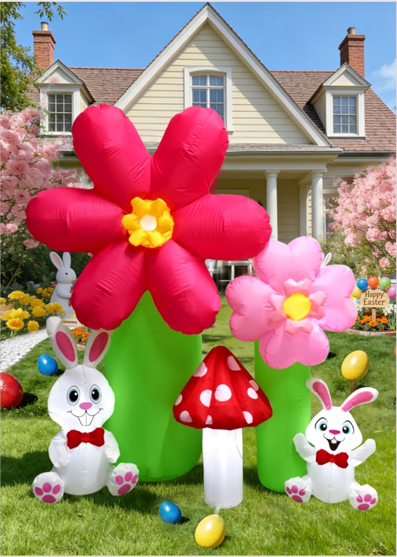 Solivaga 6ft Easter inflatable bunny with flowers and mushroom for standout lawn decor